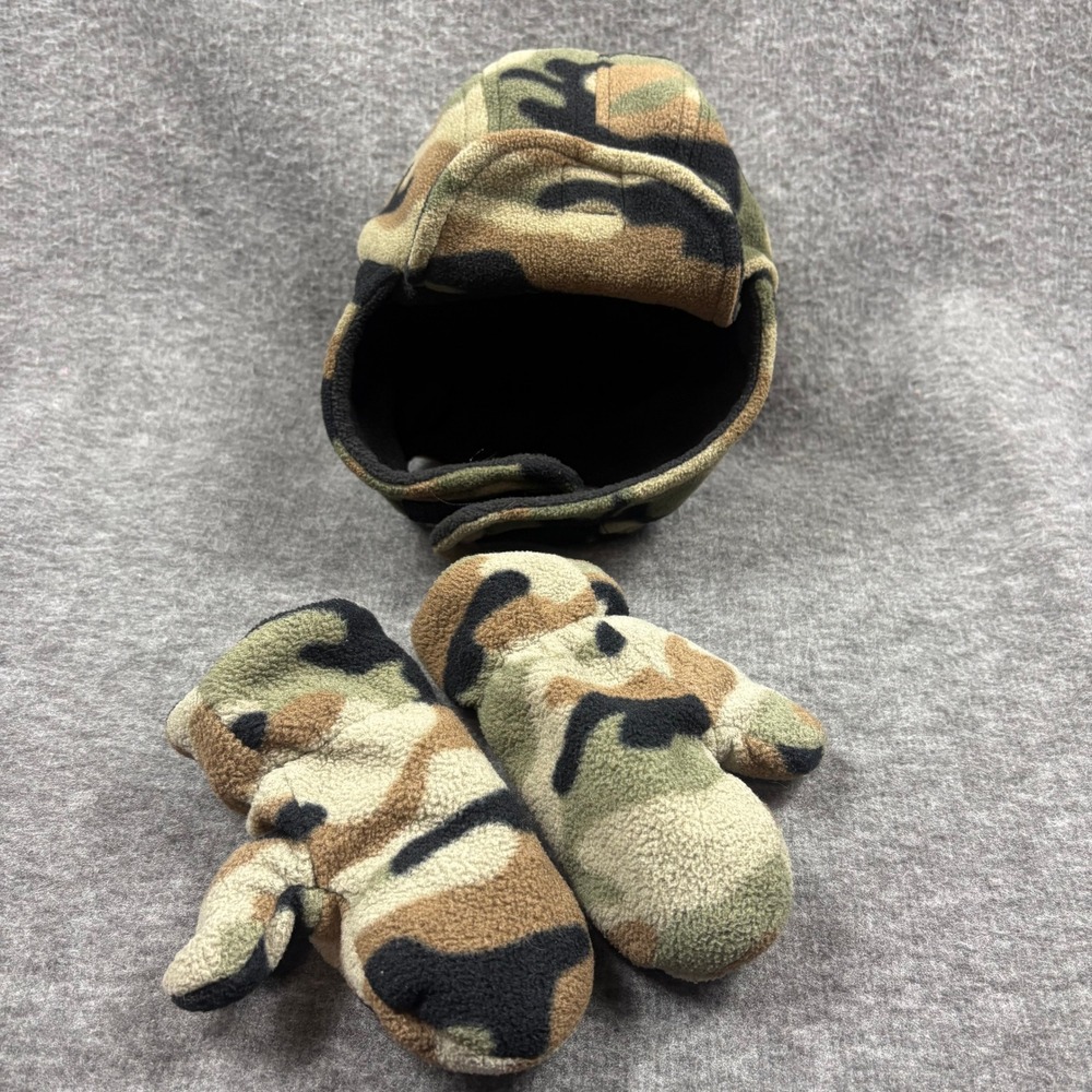 Kids Camo Fleece Trapper Hat w Mittens Set 2T-4T Winter Warm Playcore Practical - Picture 3 of 14